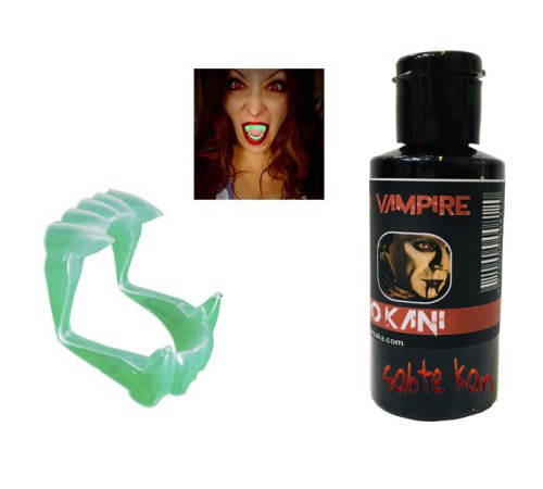 Fosforlu Çift Damak Takma Vampir Dişi ve 50 gr Tiyatro Kanı