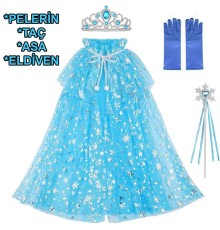 Frozen Elsa Pelerin Taç Asa ve Eldiven Seti 80 cm