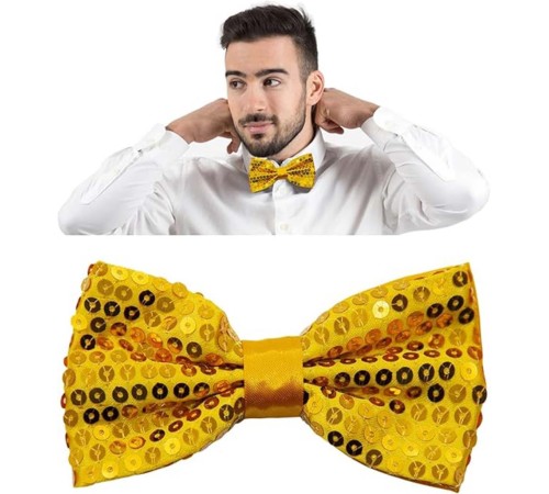 Gece Işıltısı Altın Payetli Pullu Papyon 7x2 cm Gece Işıltısı Altın Payetli Pullu Papyon 7x2 cm