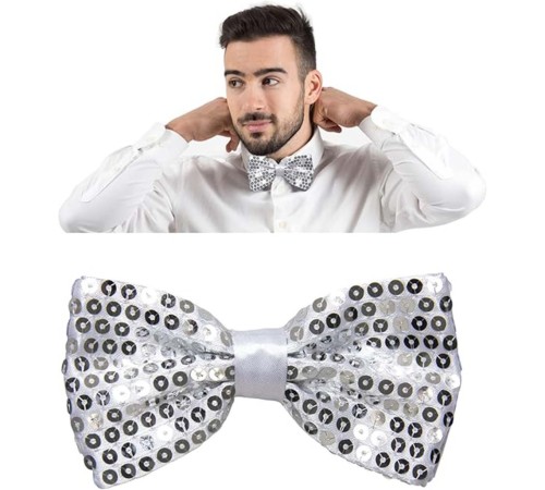 Gece Işıltısı Gümüş Payetli Pullu Papyon 7x2 cm