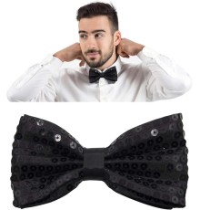 Gece Işıltısı Siyah Payetli Pullu Papyon 7x2 cm