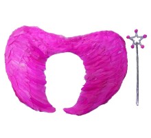 Gerçek Tüylü Katlanabilir Çocuk Pembe Melek Kanadı ve Asa Seti 40x55 cm