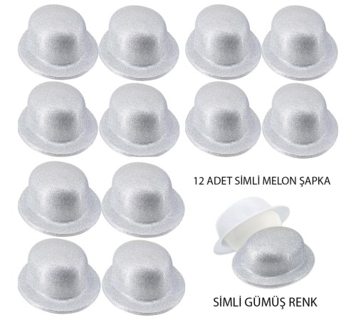 Gümüş Renk Simli Melon Yuvarlak Parti Şapkası 12 Adet Gümüş Renk Simli Melon Yuvarlak Parti Şapkası 12 Adet