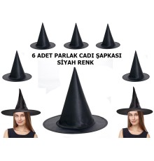 Halloween Siyah Renk Parlak Dralon Cadı Şapkası Yetişkin ve Çocuk Uyumlu 6 Adet