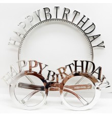 HappyBirthdayYazılıTaçveHappyBirthdayYazılıGözlükSetiGümüşRenk