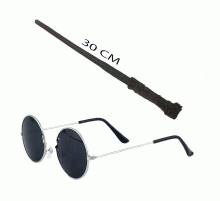 Harry Potter Asası 30 cm ve Siyah Metal Çerçeveli Harry Potter Gözlüğü Seti