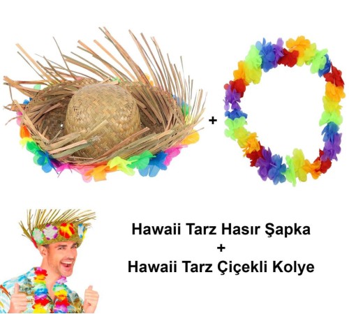 Hawaii Tarzı Tropikal Çiçekli Hasır Şapka ve Çiçekli Hawaii Kolye Hawaii Tarzı Tropikal Çiçekli Hasır Şapka ve Çiçekli Hawaii Kolye