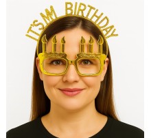 İt&#39;sMyBirthdayYazılıTaçveMumŞekilliGözlükSetiAltınRenk