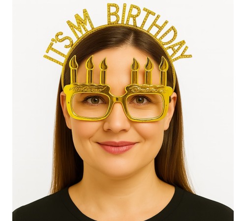 İt&#39;sMyBirthdayYazılıTaçveMumŞekilliGözlükSetiAltınRenk
