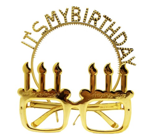 İt&#39;sMyBirthdayYazılıTaçveMumŞekilliGözlükSetiAltınRenk