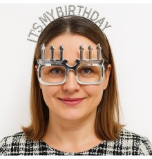 İt&#39;sMyBirthdayYazılıTaçveMumŞekilliGözlükSetiGümüşRenk