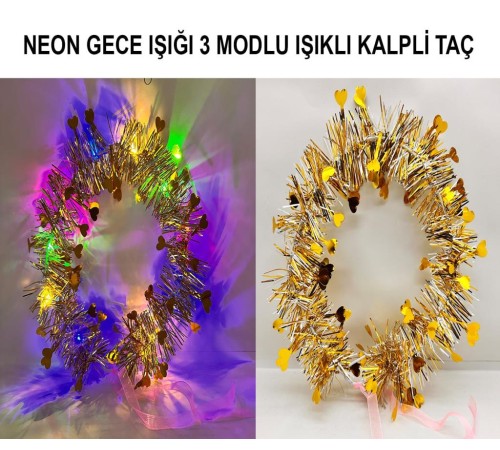 Kalp Püsküllü Gece Parıltısı 3 Modlu LED'li Işıklı Taç Altın Renk Kalp Püsküllü Gece Parıltısı 3 Modlu LED'li Işıklı Taç Altın Renk