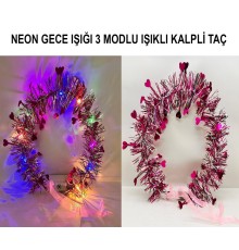 Kalp Püsküllü Gece Parıltısı 3 Modlu LED&#39;li Işıklı Taç Fuşya Renk