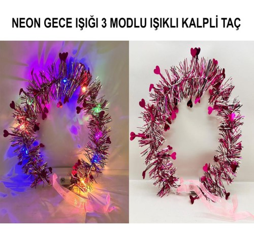 Kalp Püsküllü Gece Parıltısı 3 Modlu LED'li Işıklı Taç Fuşya Renk Kalp Püsküllü Gece Parıltısı 3 Modlu LED'li Işıklı Taç Fuşya Renk