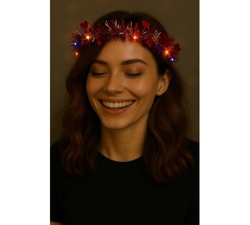 Kalp Püsküllü Gece Parıltısı 3 Modlu LED'li Işıklı Taç Kırmızı Renk Kalp Püsküllü Gece Parıltısı 3 Modlu LED'li Işıklı Taç Kırmızı Renk