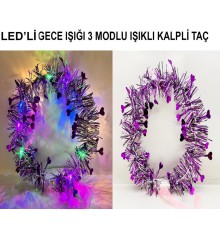 Kalp Püsküllü Gece Parıltısı 3 Modlu LED&#39;li Işıklı Taç Mor Renk