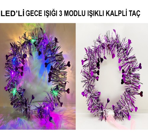 Kalp Püsküllü Gece Parıltısı 3 Modlu LED'li Işıklı Taç Mor Renk Kalp Püsküllü Gece Parıltısı 3 Modlu LED'li Işıklı Taç Mor Renk