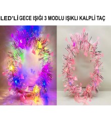 Kalp Püsküllü Gece Parıltısı 3 Modlu LED&#39;li Işıklı Taç Pembe Renk