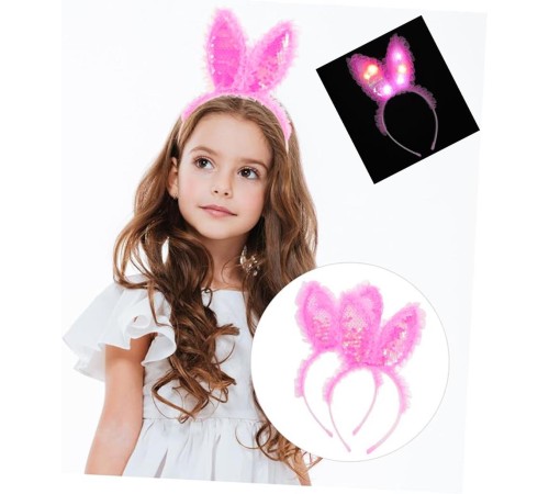   Kenarları Dantelli Fuşya Pullu Payetli Led Işıklı Tavşan Kulak Taç 23x19 cm