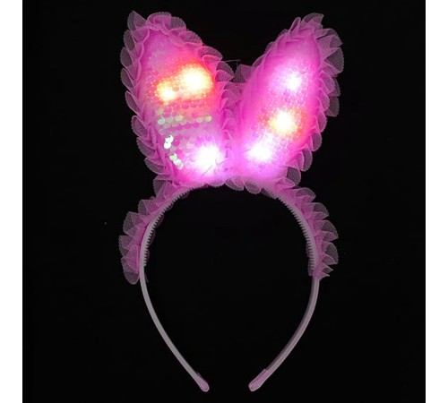   Kenarları Dantelli Fuşya Pullu Payetli Led Işıklı Tavşan Kulak Taç 23x19 cm