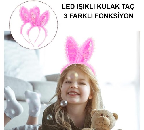   Kenarları Dantelli Fuşya Pullu Payetli Led Işıklı Tavşan Kulak Taç 23x19 cm