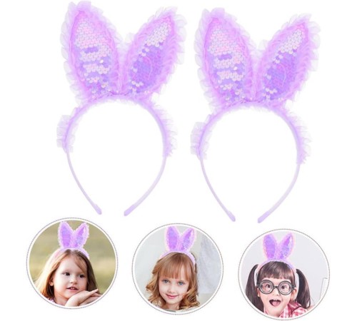   Kenarları Dantelli Mor Pullu Payetli Led Işıklı Tavşan Kulak Taç 23x19 cm