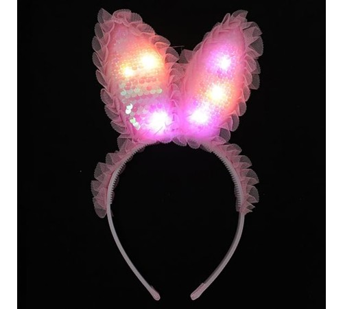 Kenarları Dantelli Pembe Pullu Payetli Led Işıklı Tavşan Kulak Taç 23x19 cm