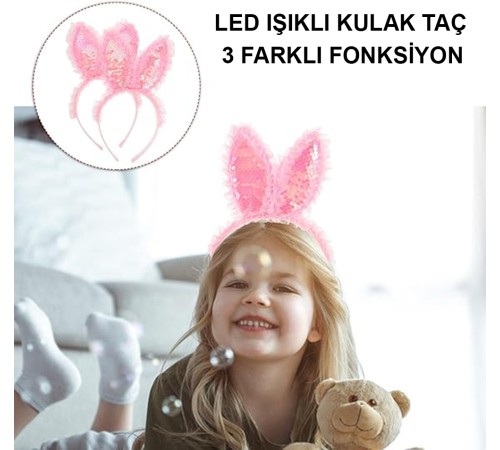 Kenarları Dantelli Pembe Pullu Payetli Led Işıklı Tavşan Kulak Taç 23x19 cm