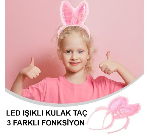 Kenarları Dantelli Pembe Pullu Payetli Led Işıklı Tavşan Kulak Taç 23x19 cm