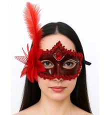 Kırmızı Mat Renk Yandan Tüylü Güllü Parti Balo Venedik Maskesi 16x22