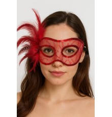 Kırmızı Renk Yandan Tüylü Pul Payet İşlemeli Parti Maskesi 23x12 cm