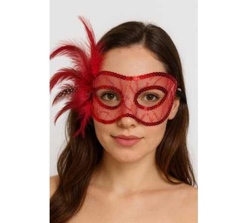 Kırmızı Renk Yandan Tüylü Pul Payet İşlemeli Parti Maskesi 23x12 cm