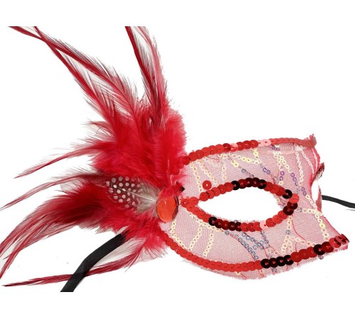 Kırmızı Renk Yandan Tüylü Pul Payet İşlemeli Parti Maskesi 23x12 cm