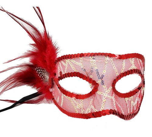 Kırmızı Renk Yandan Tüylü Pul Payet İşlemeli Parti Maskesi 23x12 cm