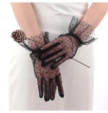 Kısa Boy Güpürlü Siyah Puantiyeli Tül Eldiven Siyah Renk