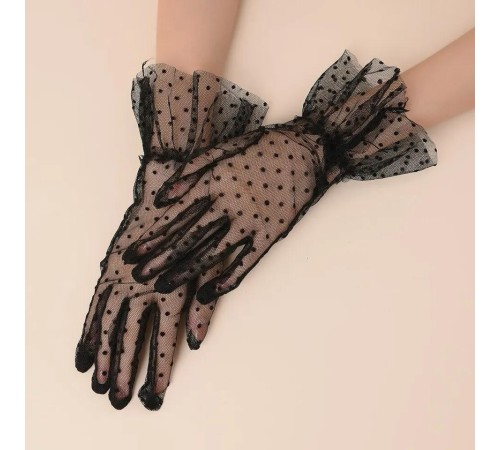 Kısa Boy Güpürlü Siyah Puantiyeli Tül Eldiven Siyah Renk