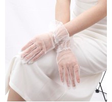 Kısa Boy Likralı Güpürlü Yetişkin Tül Eldiven Beyaz Renk