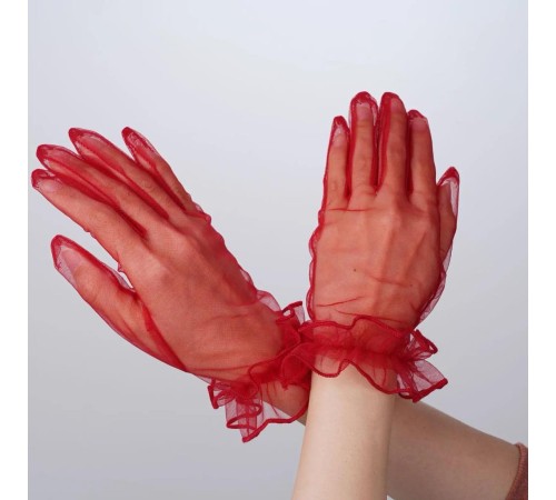 Kısa Boy Likralı Güpürlü Yetişkin Tül Eldiven Kırmızı Renk