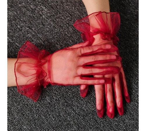 Kısa Boy Likralı Güpürlü Yetişkin Tül Eldiven Kırmızı Renk