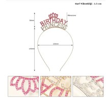 Kristal Taşlı Pembe Birthday Princess Yazılı Parti Tacı 19x11 cm