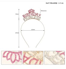 Kristal Taşlı Pembe Birthday Princess Yazılı Parti Tacı 19x11 cm