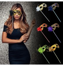 Lüks Taşlı Saplı Maskeli Balo Maskesi Siyah Renk 35 cm