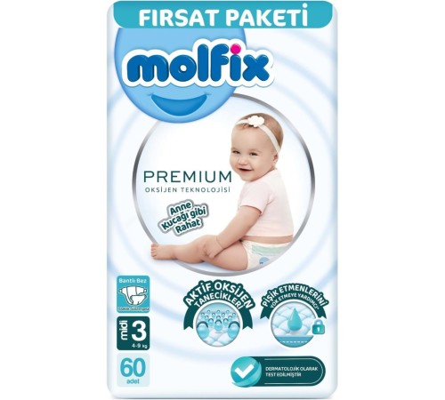 Molfix Premium Bebek Bezi Fırsat Paketi 3 Beden 4-9 Kg 60 Adet Molfix Premium Bebek Bezi Fırsat Paketi 3 Beden 4-9 Kg 60 Adet