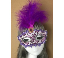 Mor Dantel İşlemeli Mor Tüylü Balo Parti Maskesi 17x20 cm