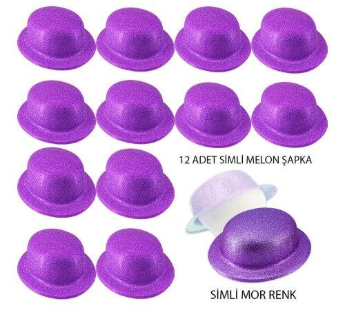 Mor Renk Simli Melon Yuvarlak Parti Şapkası 12 Adet Mor Renk Simli Melon Yuvarlak Parti Şapkası 12 Adet