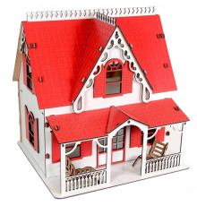Oyuncak Ahşap Kırmızı Villa Ev 15 Parça