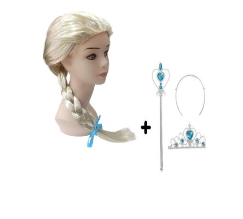 Örgülü Karlar Ülkesi Frozen Elsa Peruğu Tacı ve Sopası Çocuk Boy Örgülü Karlar Ülkesi Frozen Elsa Peruğu Tacı ve Sopası Çocuk Boy