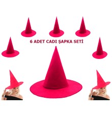   Pembe Fuşya Renk Keçe Cadı Şapkası Yetişkin Çocuk Uyumlu 6 Adet