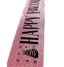 Pembe Üzeri Siyah Büyük Happy Birthday Yazılı Simli Işıltılı Kuşak Kemer 10 cm Genişlik