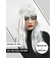 Platin Gri Gümüş Renk Uzun Parti Peruğu Uzun Takma Peruk